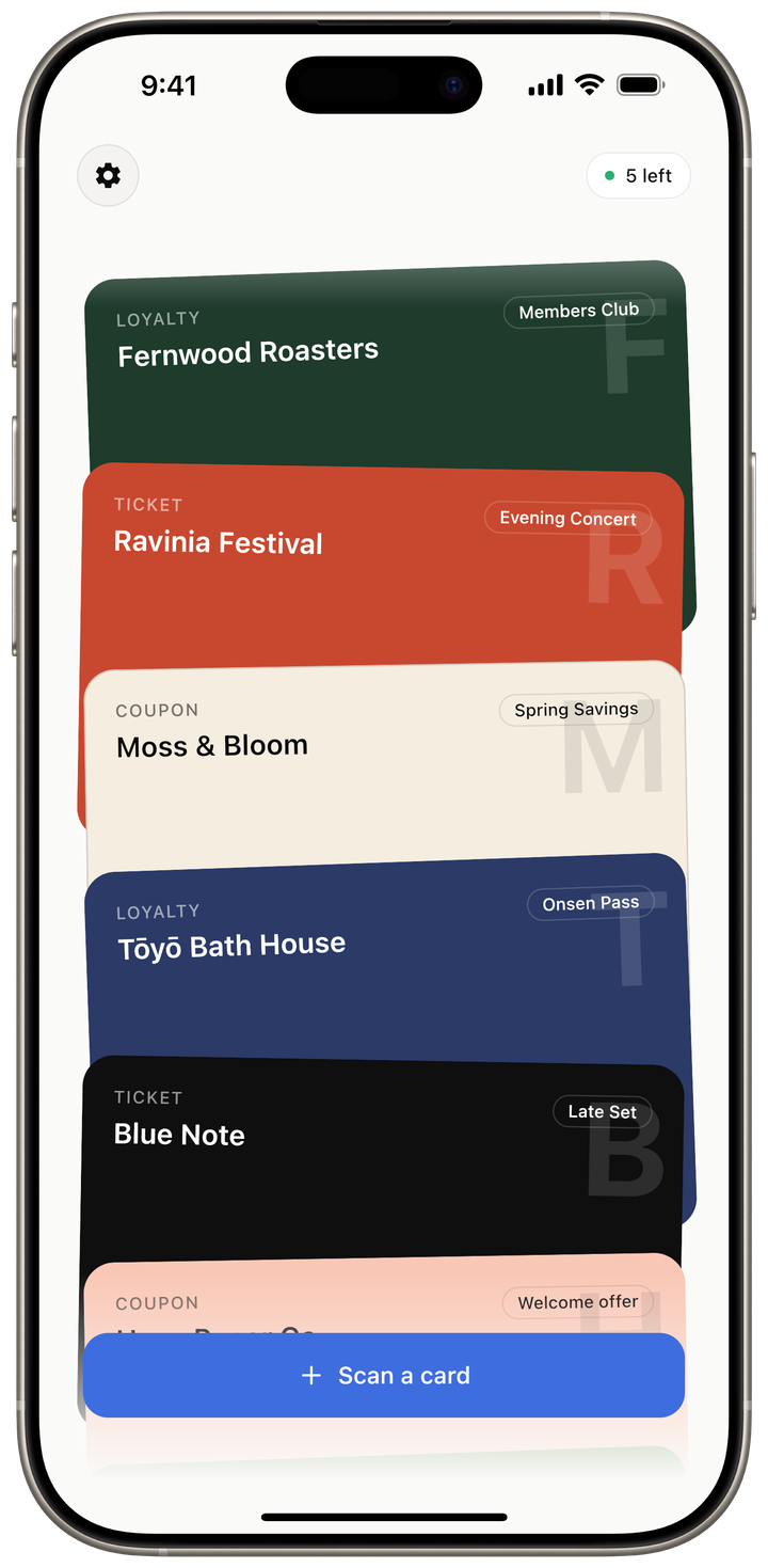 AI Wallet Pass home screen showing a stack of digital passes