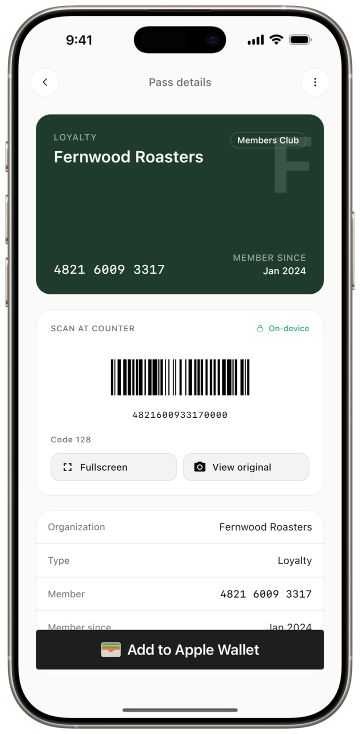 Loyalty card detail with on-device barcode and Add to Apple Wallet button