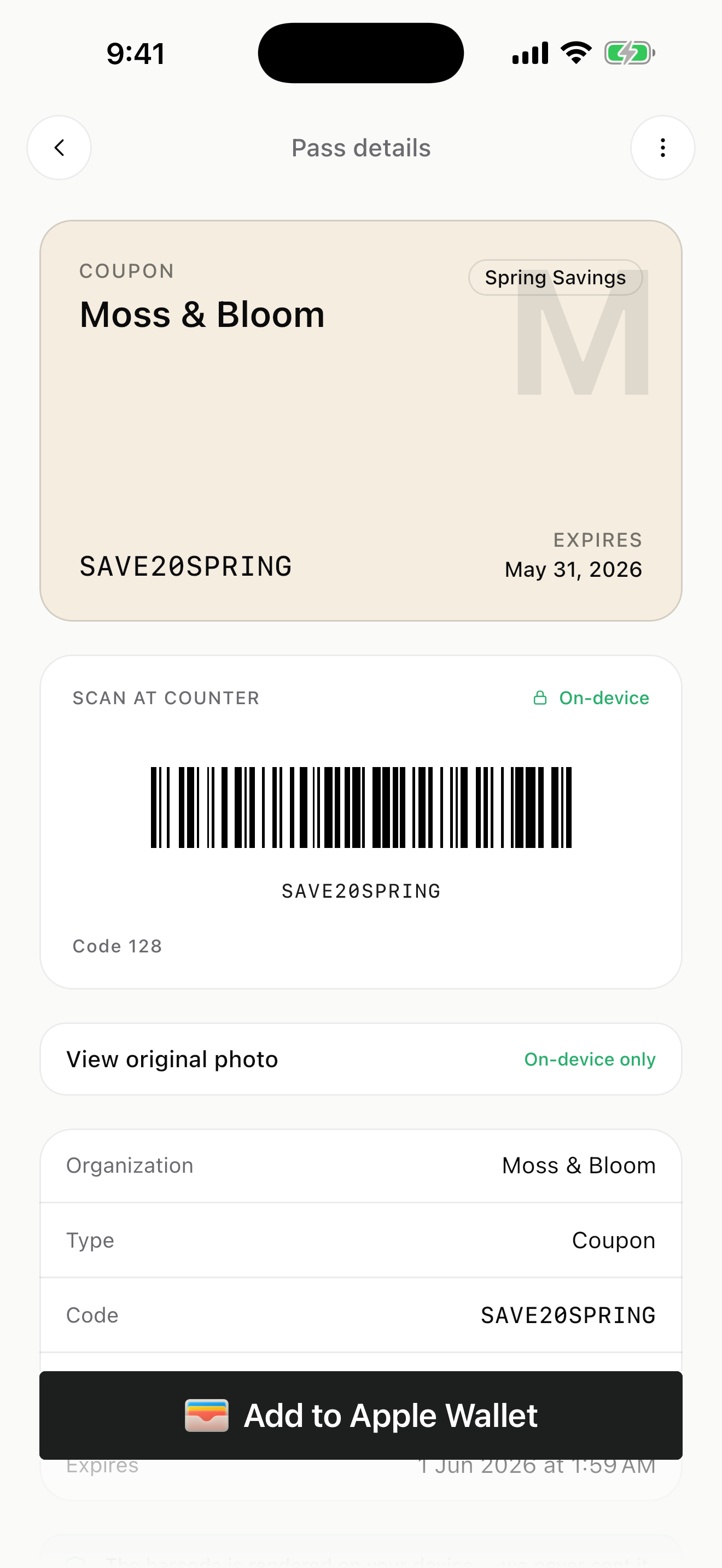 Coupon detail with discount code and expiry date