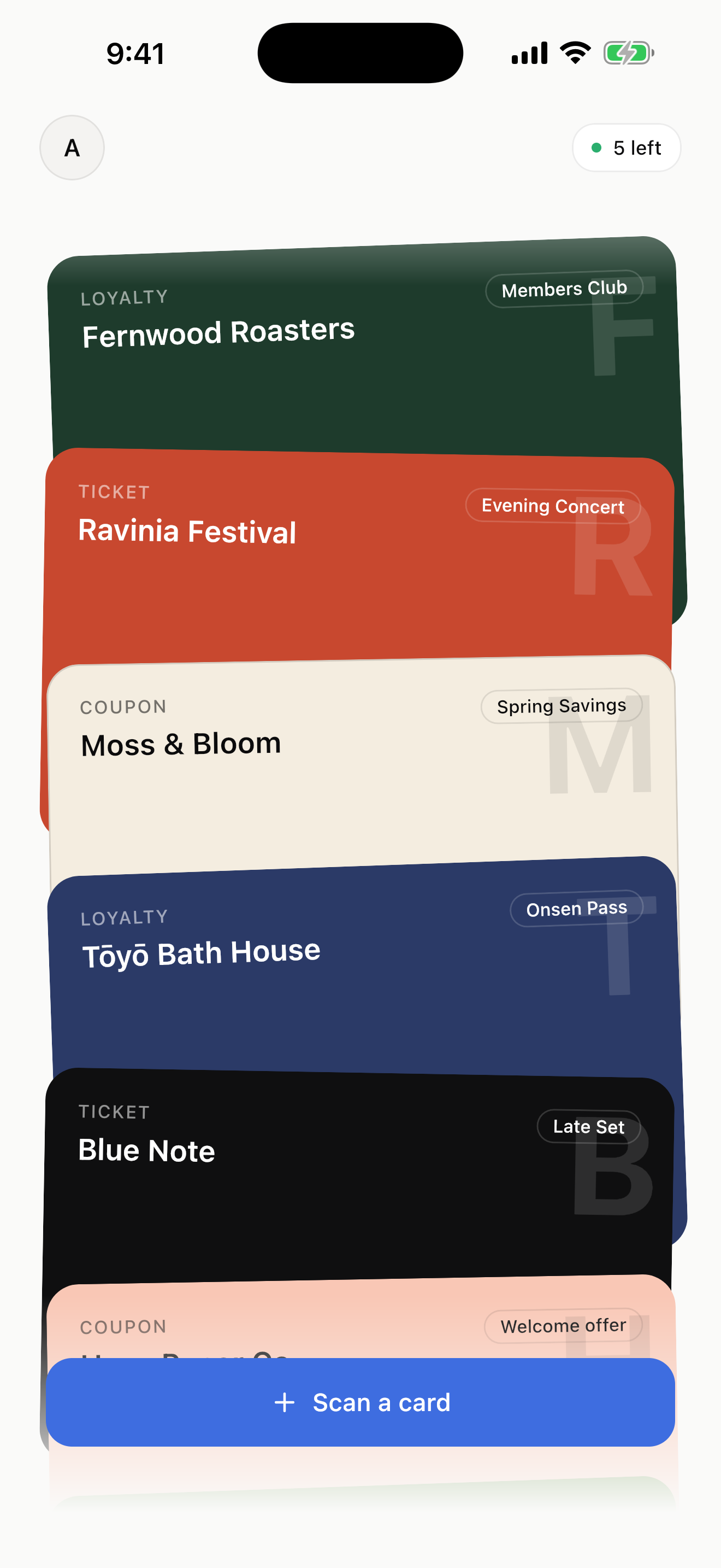 AI Wallet Pass home screen showing a stack of digital passes