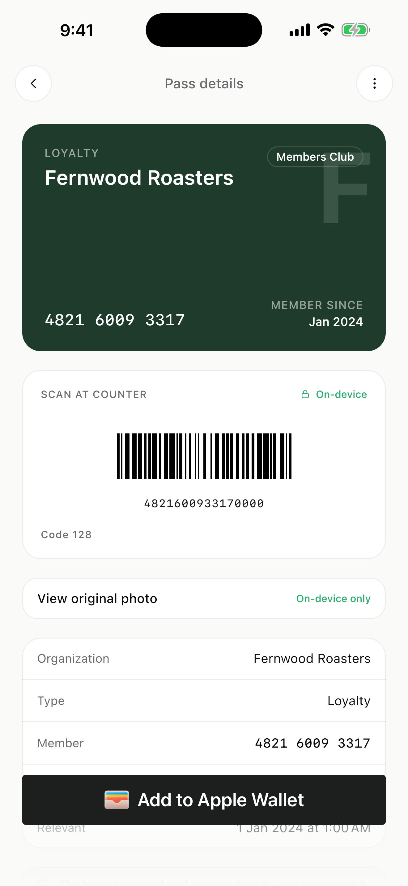 Loyalty card detail with on-device barcode and Add to Apple Wallet button