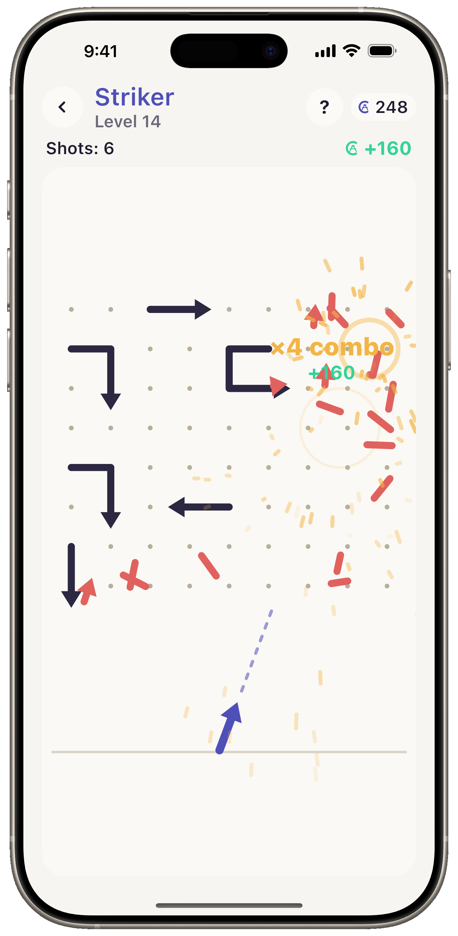 Arrows Rhythm Striker mode, one shot breaking a line of arrows into falling pieces