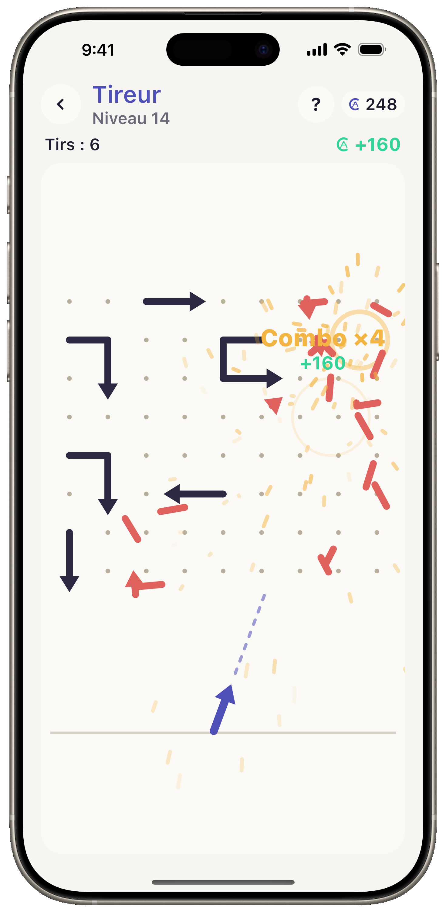 Mode Tireur d'Arrows Rhythm, un tir brise une ligne de flèches en morceaux qui tombent