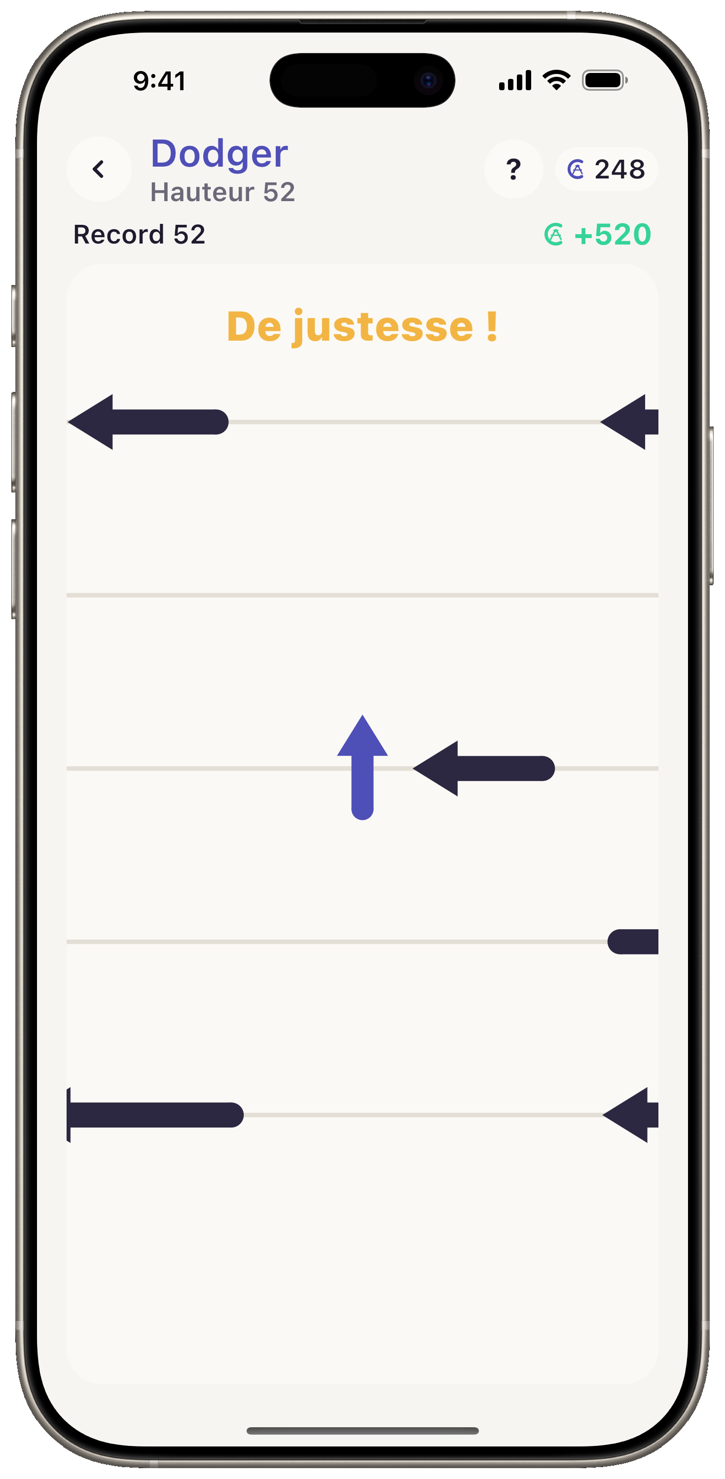 Mode Dodger d'Arrows Rhythm, une flèche se faufile au ralenti entre des rangées mobiles