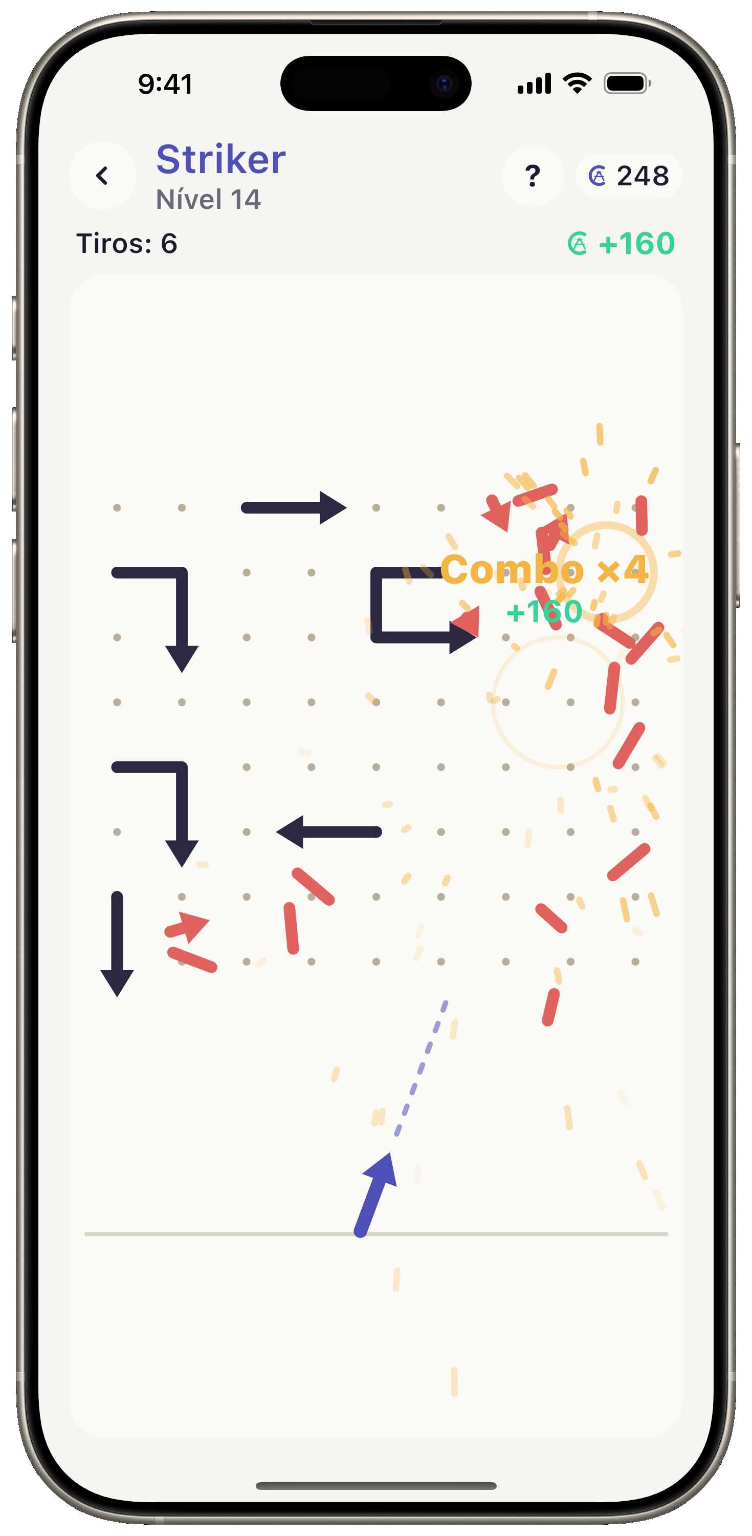 Modo Striker do Arrows Rhythm, um tiro quebra uma fileira de flechas em pedaços que caem