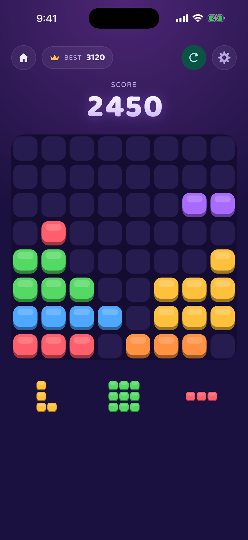 Blockmatic gameplay — candy-colored blocks on an 8×8 grid above the current score