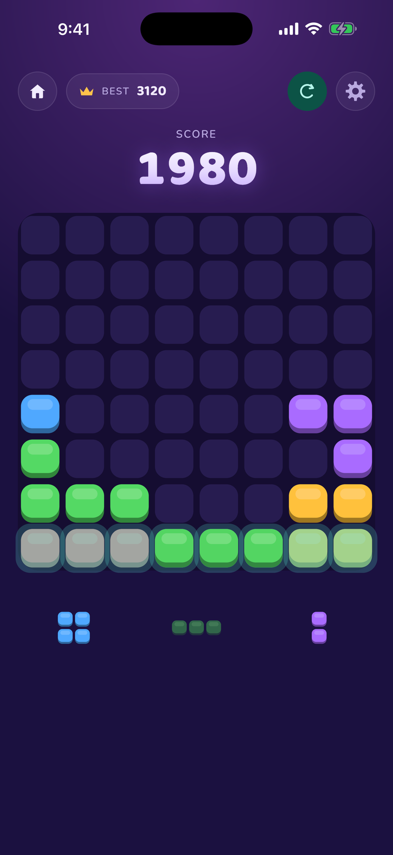 A full bottom row highlighted, about to clear for points