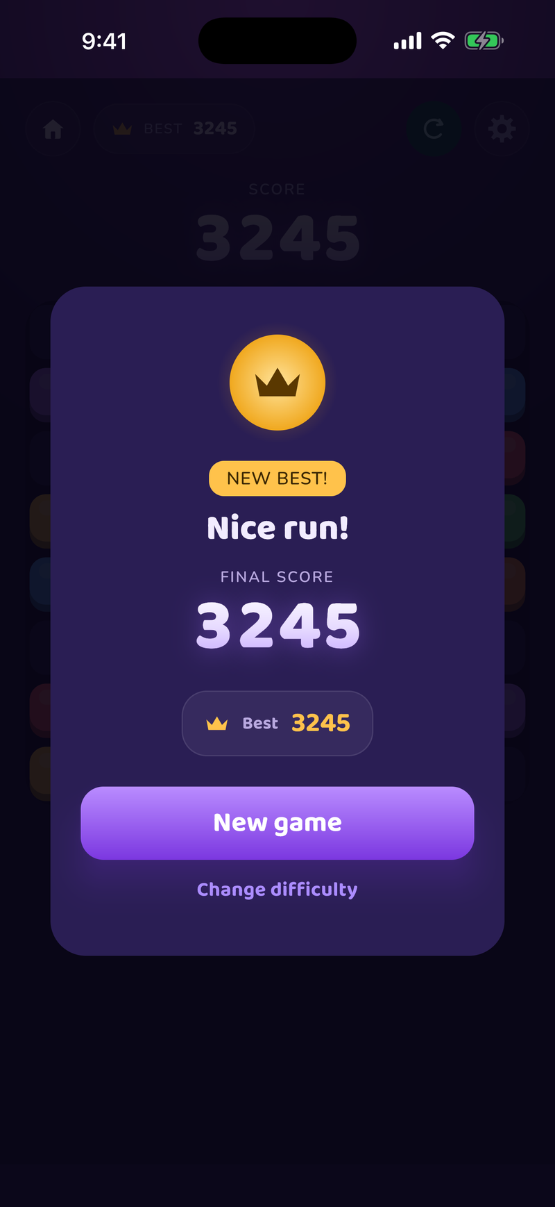 End-of-game screen celebrating a new best score of 3245