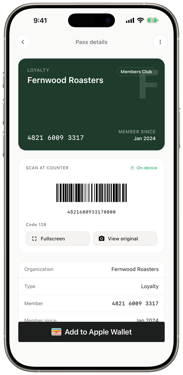 A loyalty pass in the wallet, showing the shop name above a full-width barcode