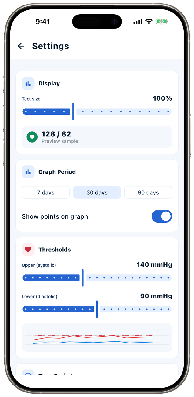 The settings screen, with text size, graph period, and the upper and lower threshold sliders