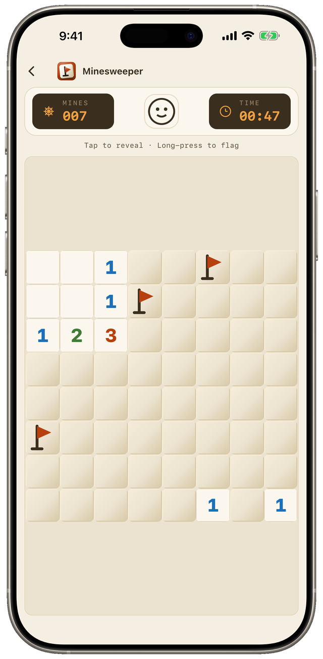 The Minesweeper board in play, with the mine counter and the timer above it and one red flag placed