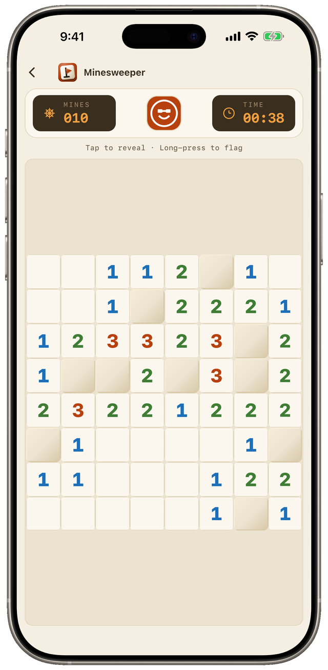 The win dialog with the finishing time, over a board where every remaining mine has been flagged