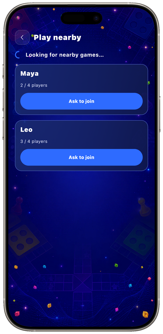 The Play nearby screen listing two games found over Bluetooth, each with an Ask to join button