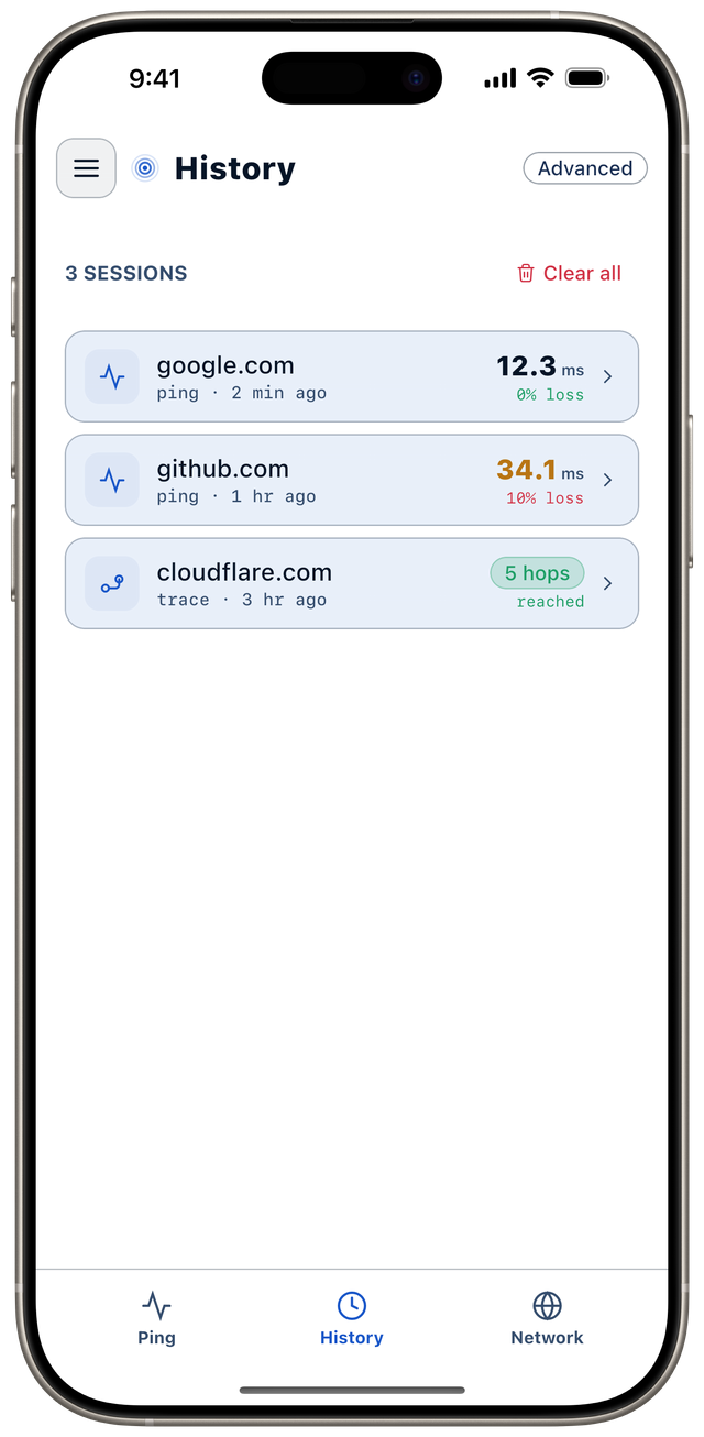 The History tab listing saved sessions, each with a host, a time, an average round-trip time and a loss percentage