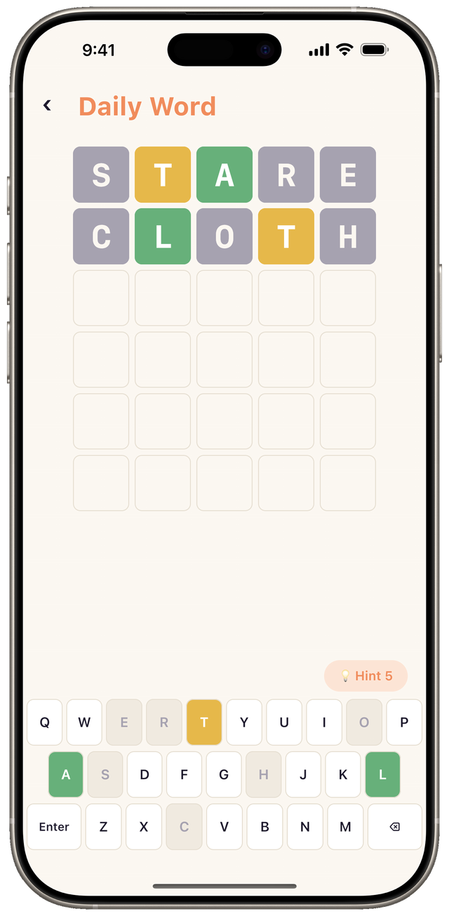 The Daily Word grid after two guesses, STARE and CLOTH, with letters colored green for correct, yellow for present, and gray for absent; four empty rows remain below