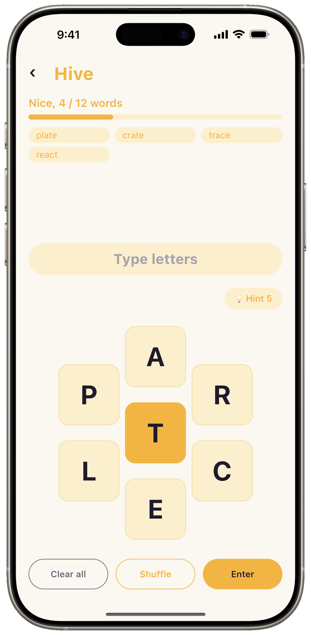 Hive's honeycomb of seven letters around a highlighted centre tile T, with four words already found out of twelve and a text field for typing the next one