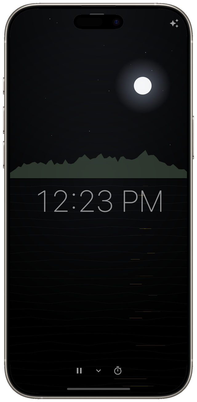 The overnight screen: a dark moonlit scene, the time in large type, and a bottom bar holding a pause button and a sleep-timer button