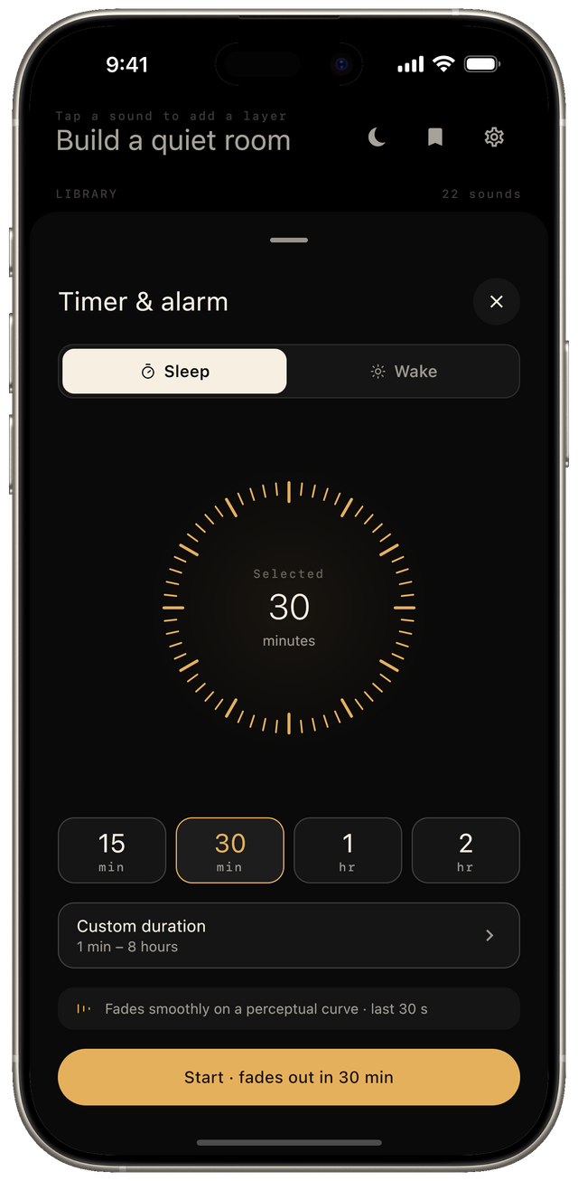 The sleep timer sheet with 30 minutes selected on a dial, the 15 min, 30 min, 1 hr and 2 hr presets below it, and a note that the last 30 seconds fade out