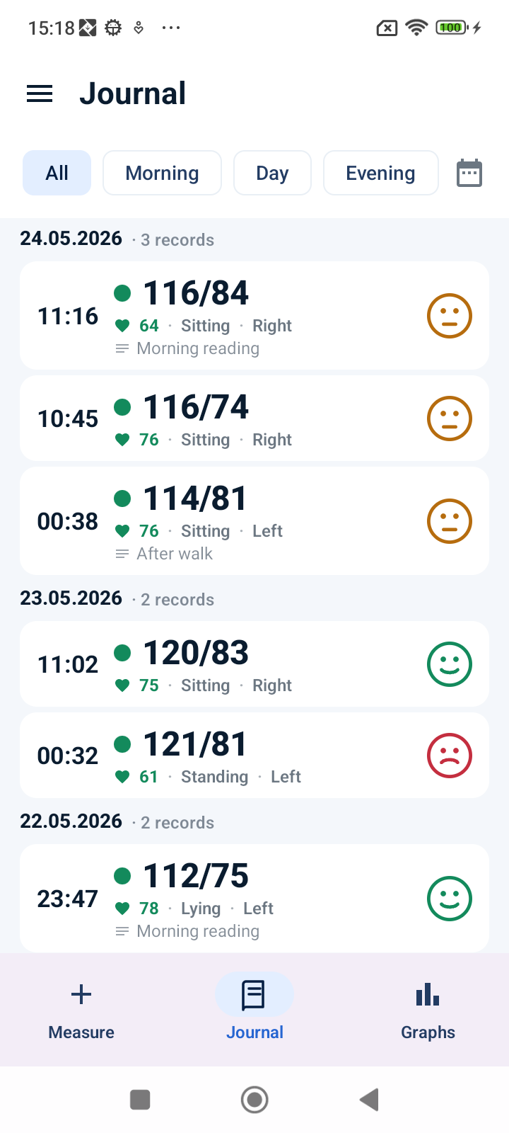 Journal screen showing blood pressure readings by date with systolic, diastolic and pulse values