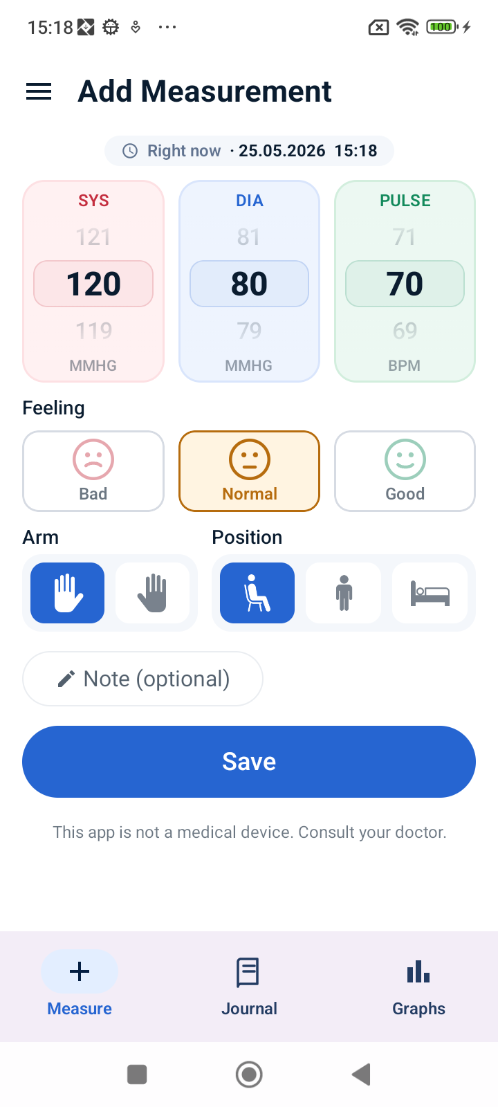 Add Measurement screen with systolic, diastolic and pulse wheel pickers