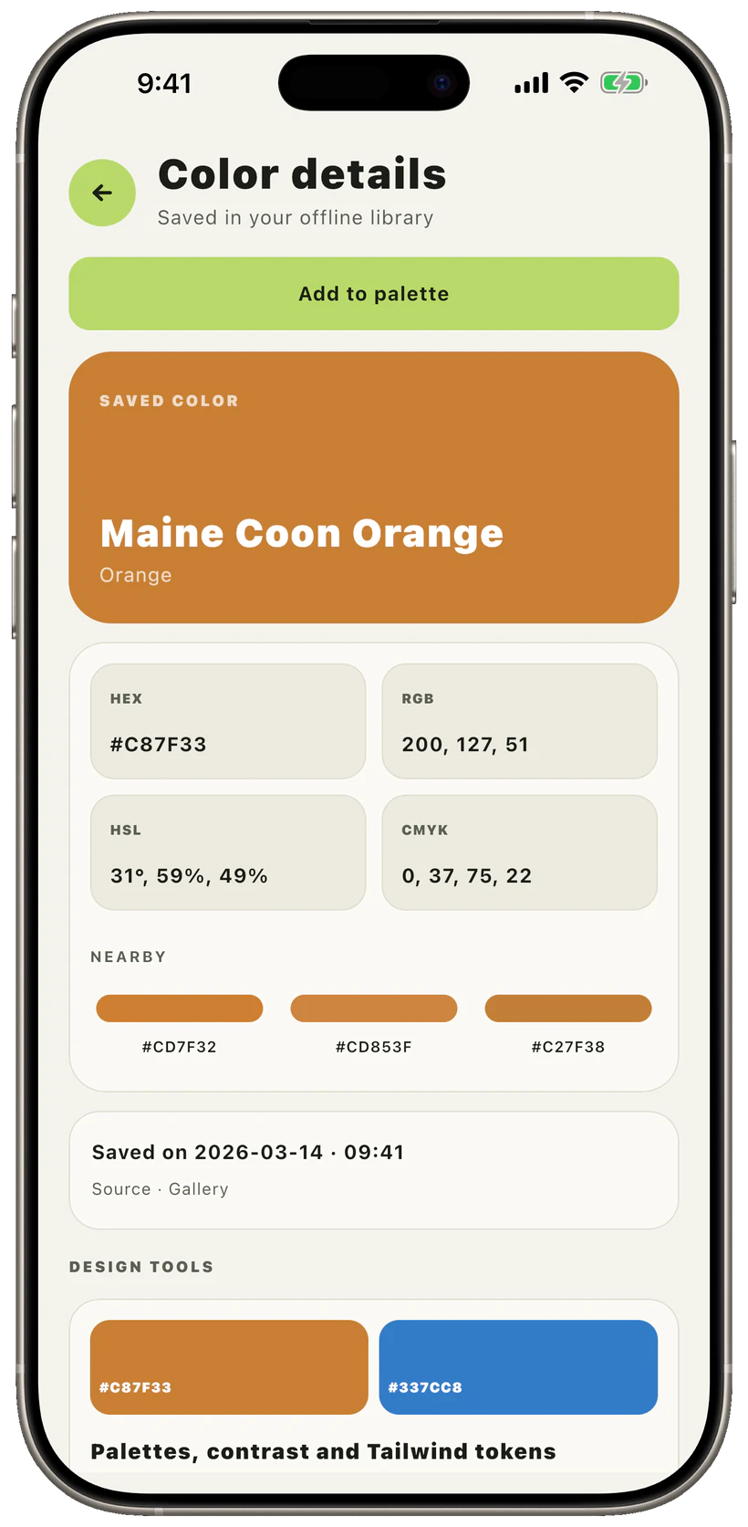 Cromia saved colour details with exact values and design tools