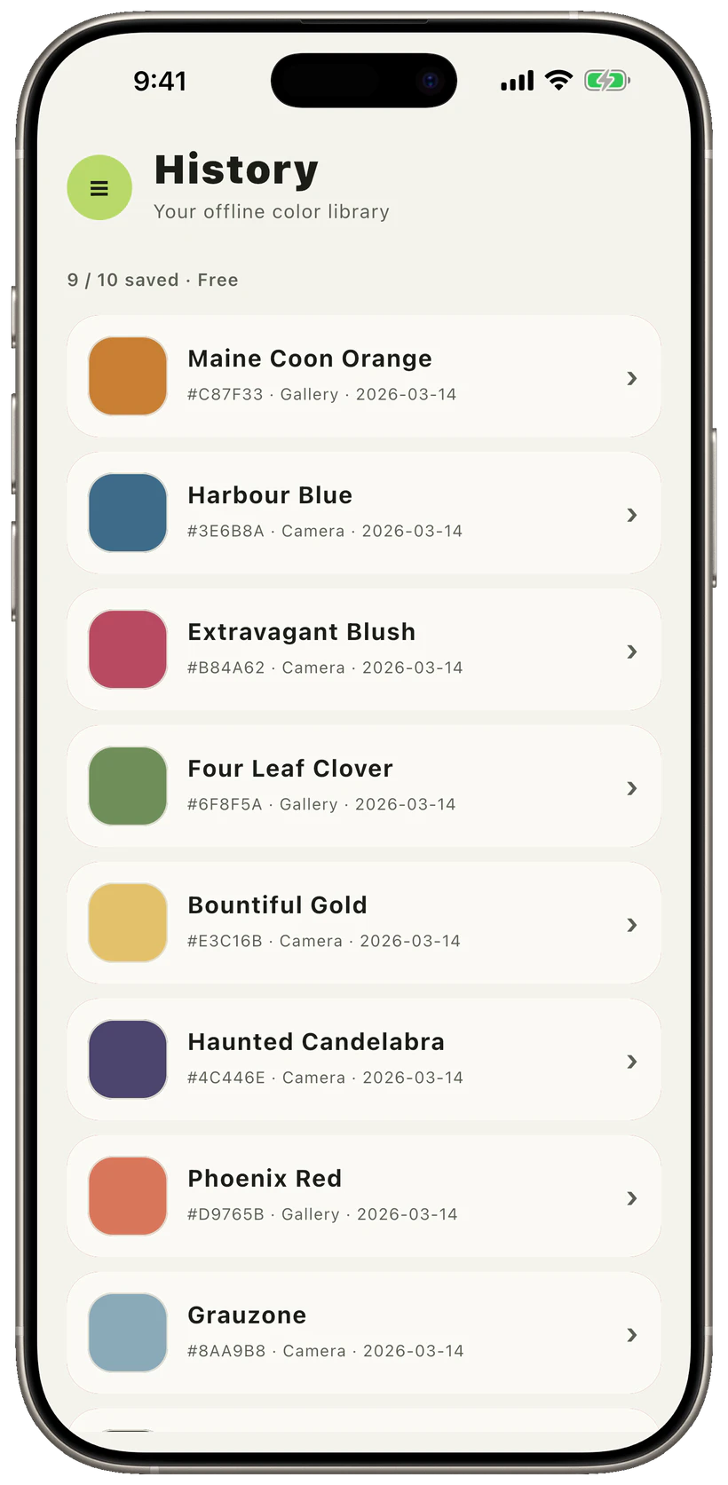 History: Your offline colour library