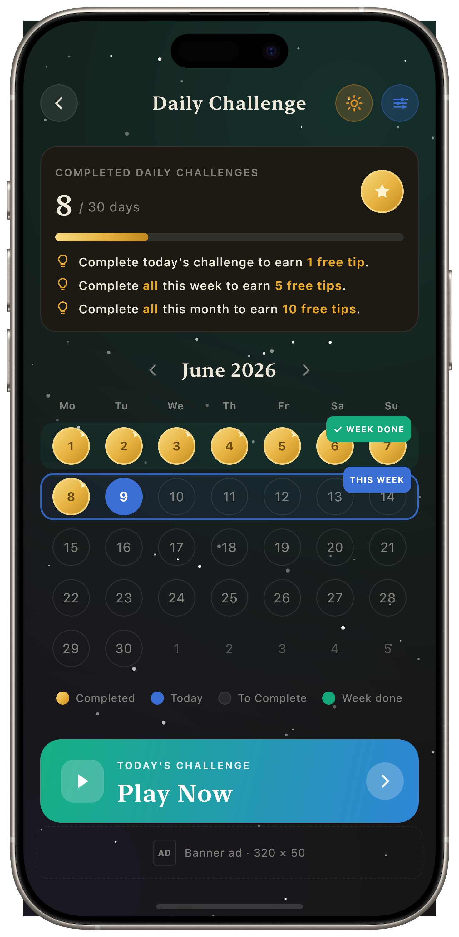The Daily Challenge calendar showing completed days and streaks.