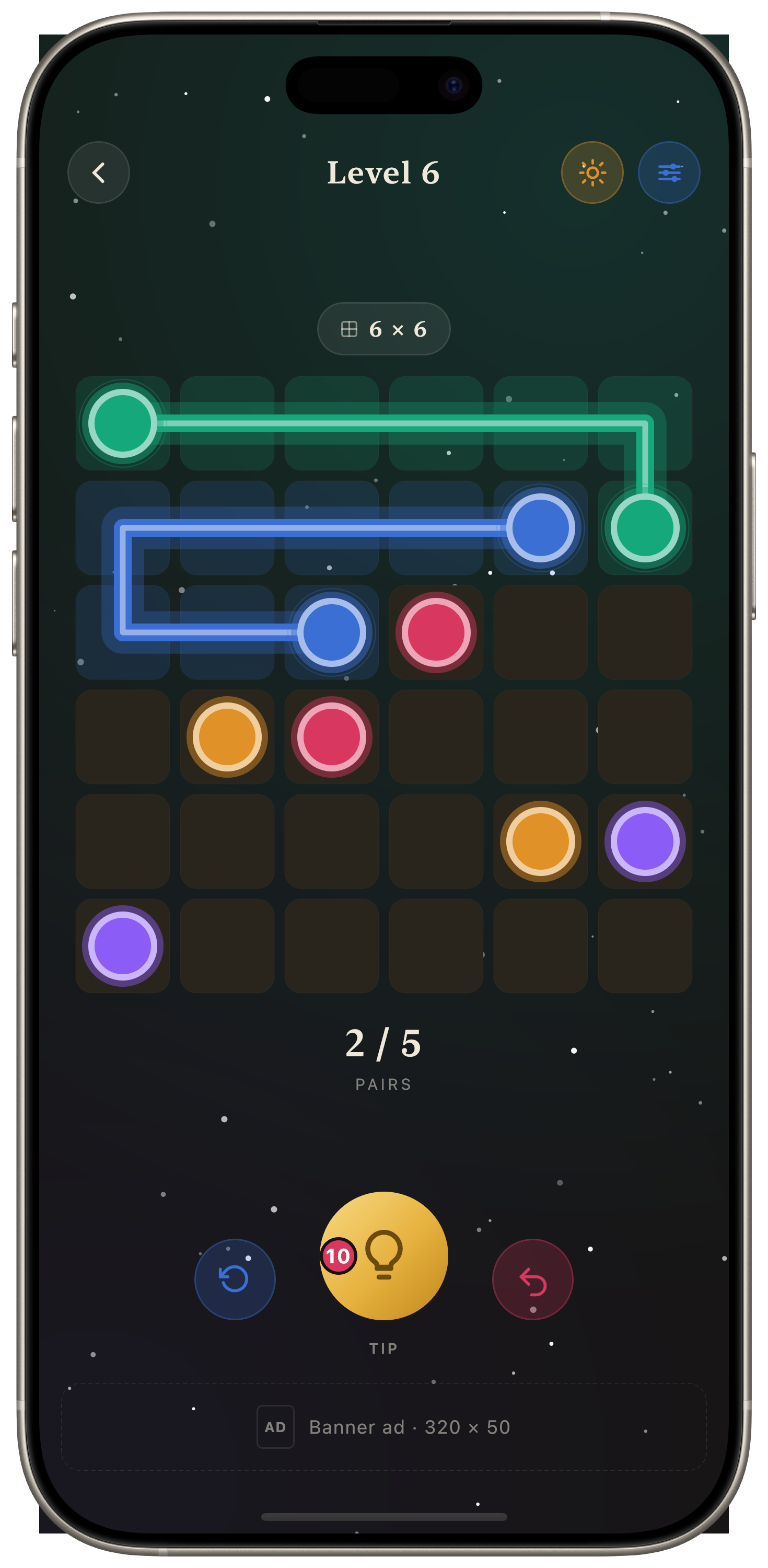A Connect Dots puzzle mid-solve: coloured dots linked by non-crossing paths filling the grid.