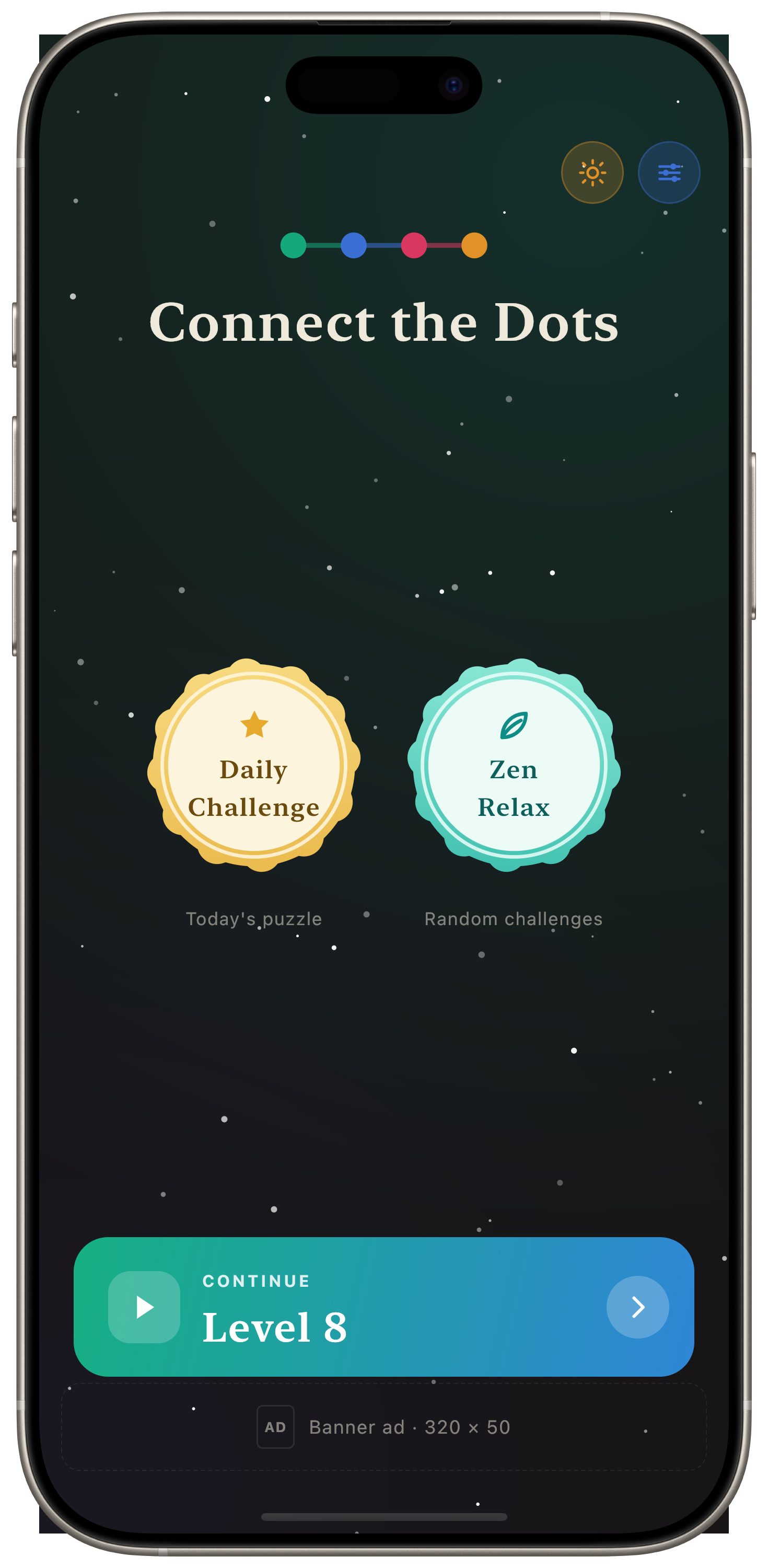 Connect Dots home screen with Continue, Daily Challenge, and Zen.
