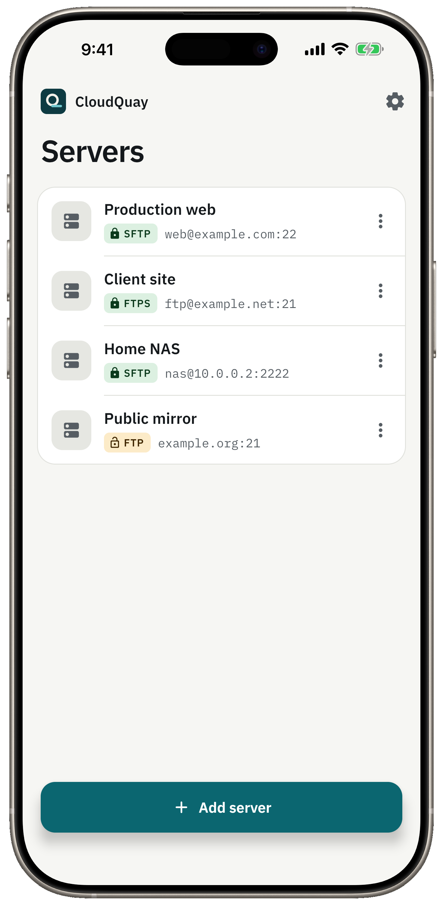 Your server list. A lock shows what is encrypted.