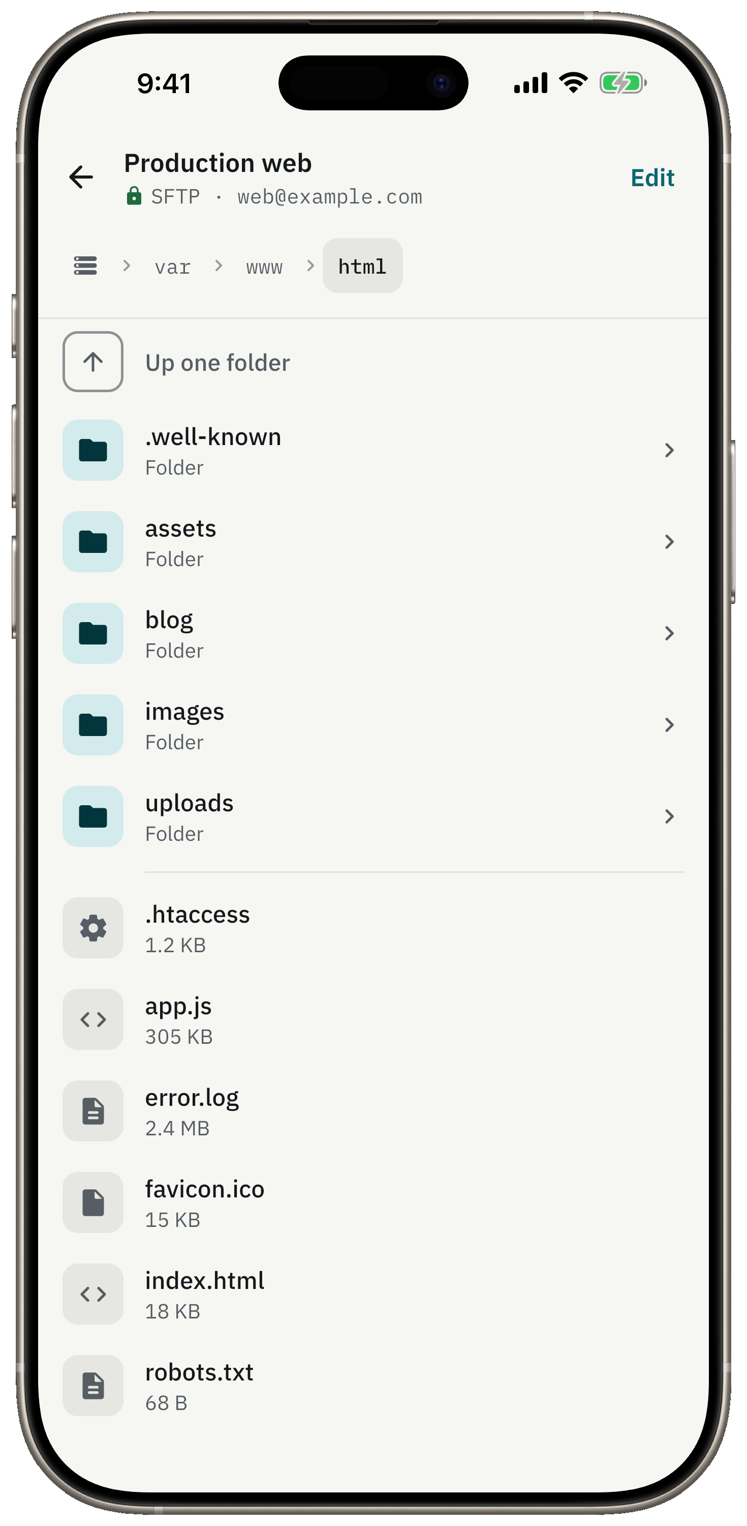 Folders and files, with sizes and a breadcrumb path.