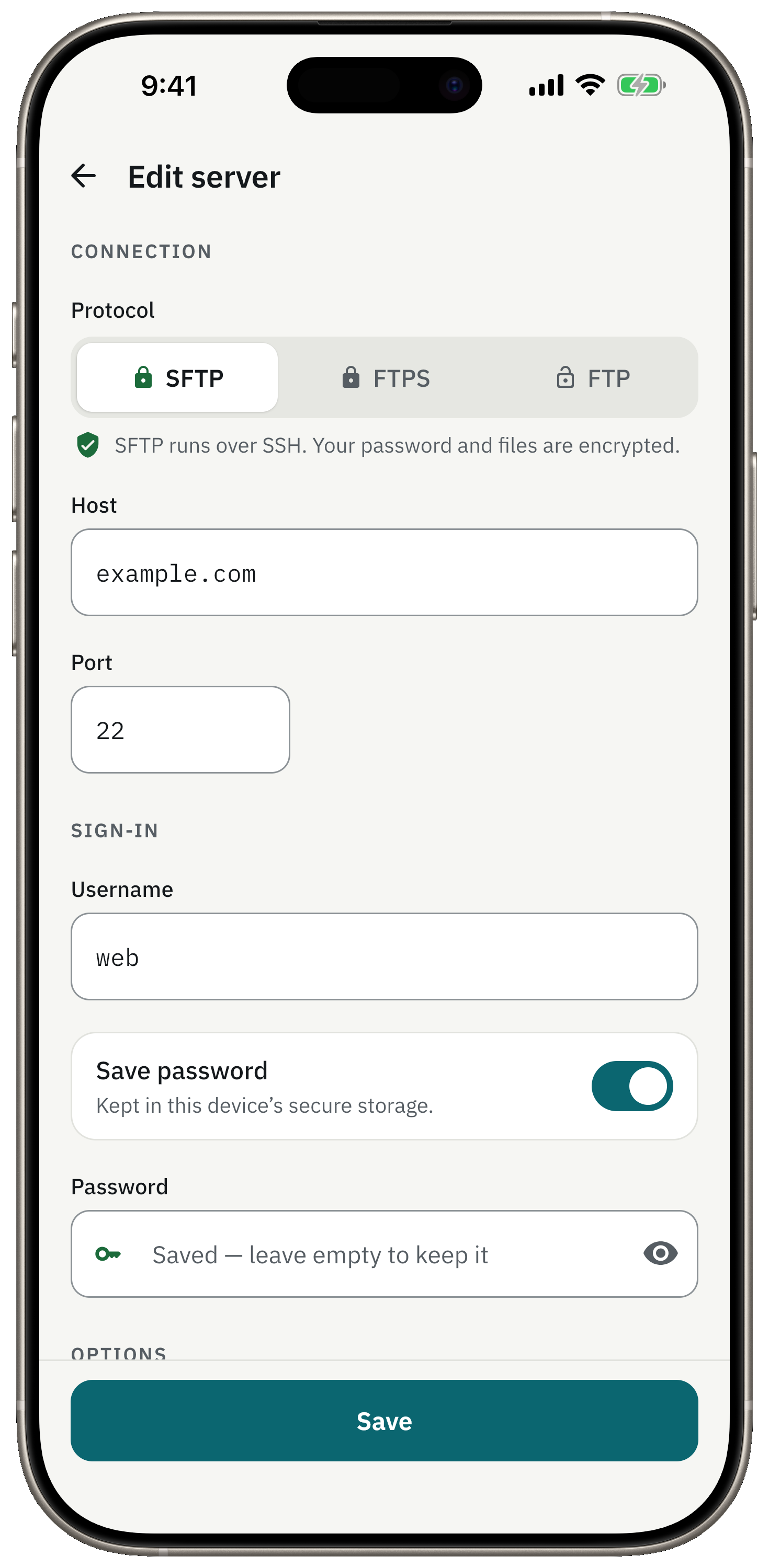 Add a server in a minute. Passwords stay in the Keychain.