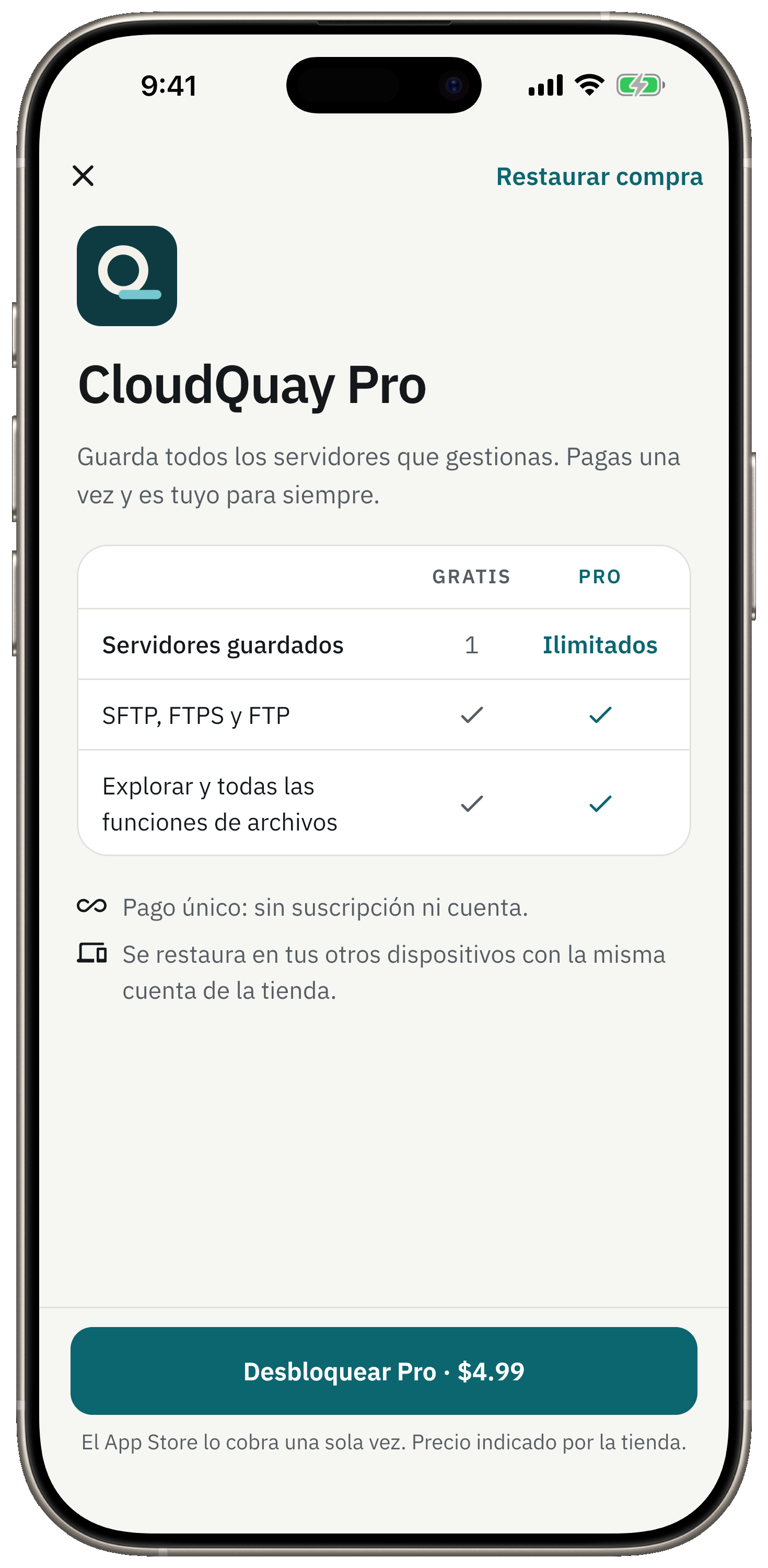 El primer servidor es gratis. Un solo pago desbloquea el resto.