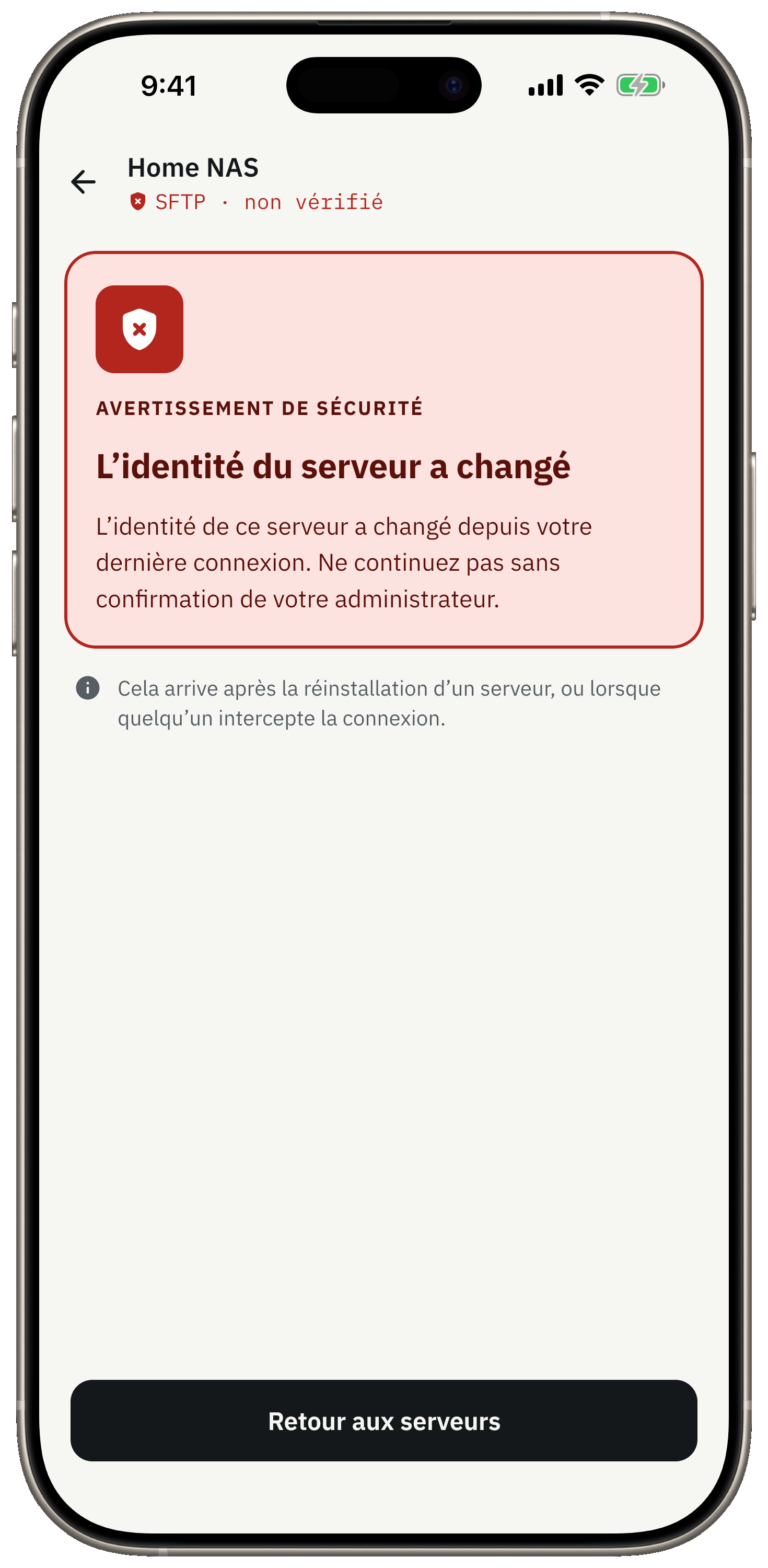 Arrêt net et alerte si une clé d’hôte SSH change.