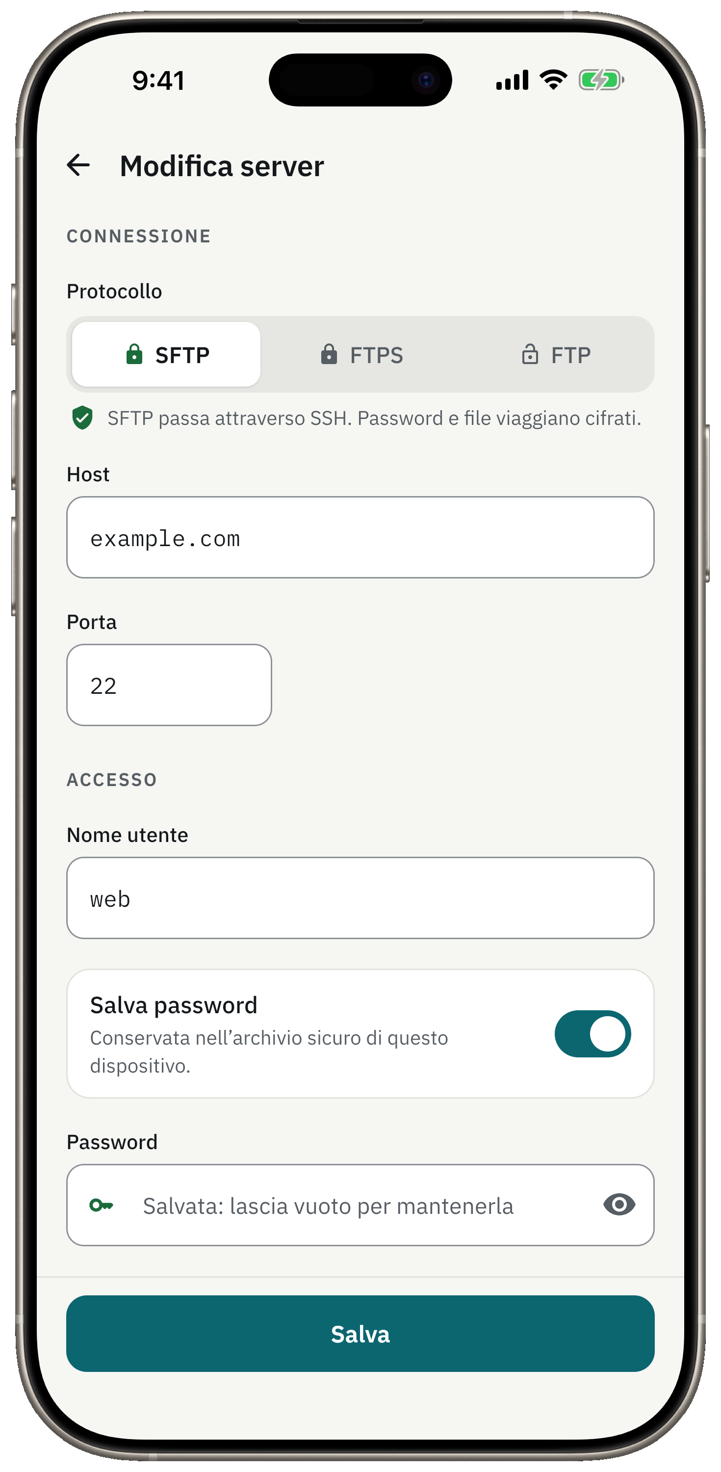Aggiungi un server in un minuto. Password nel Portachiavi.