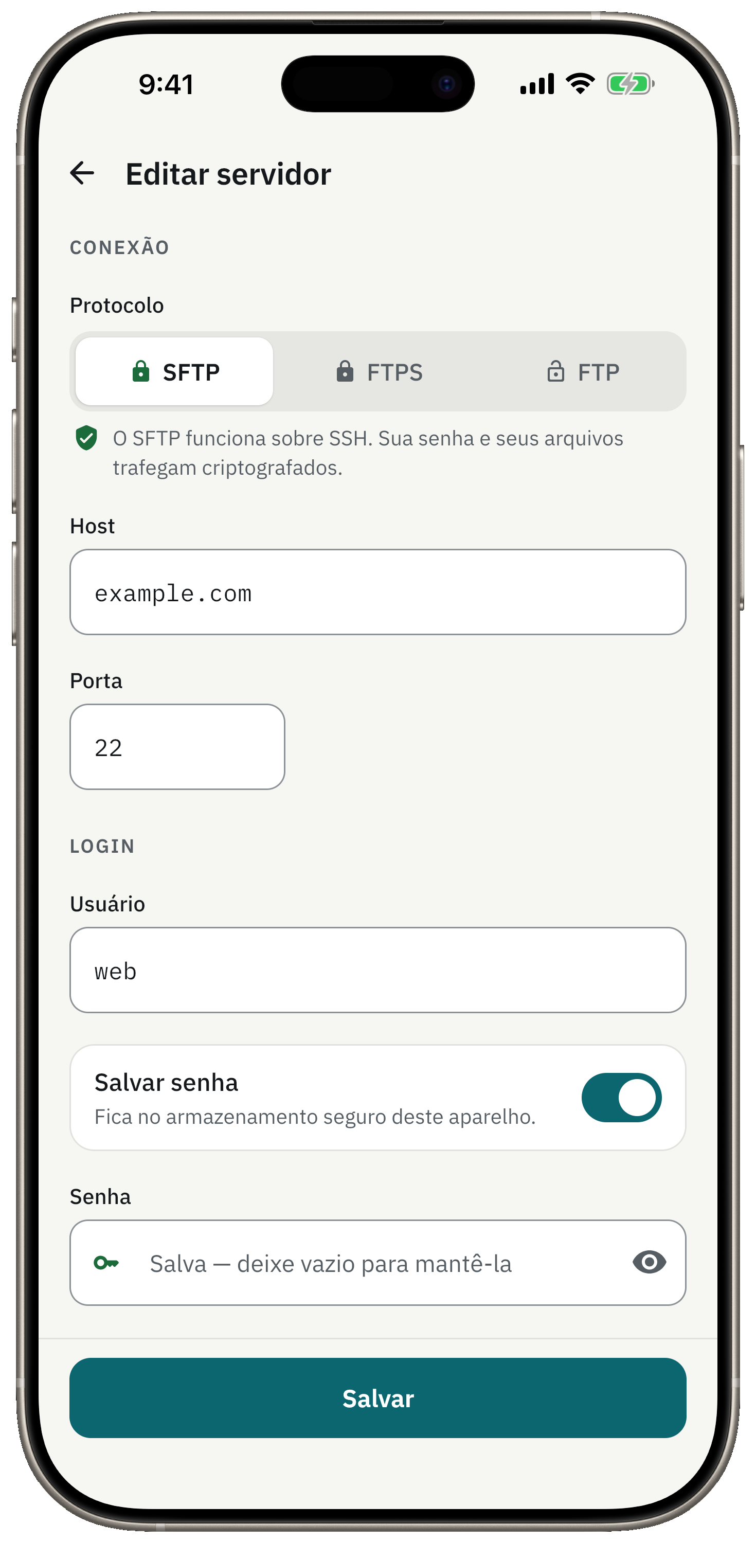 Adicione um servidor em um minuto. Senhas no Keychain.