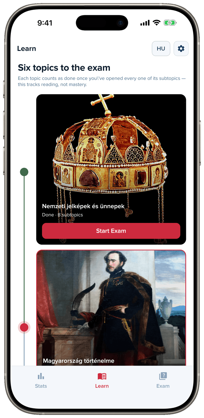 Learn tab listing the six official exam topics as swipeable cards, starting with National symbols and holidays