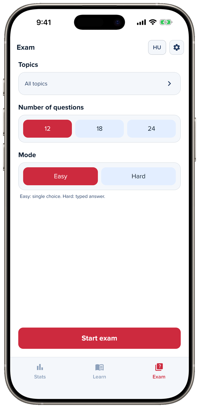 Exam setup screen with topic selection, a question-count picker, and an Easy/Hard mode toggle