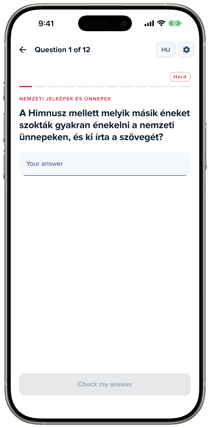 Hard-mode exam question in Hungarian with a typed-answer input field