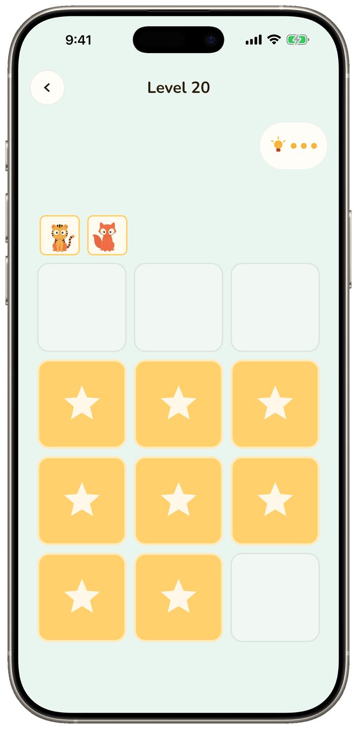 A four-by-four memory grid mid-game, with three matched pairs resting on the shelf above the board and the rest of the cards still turned over.
