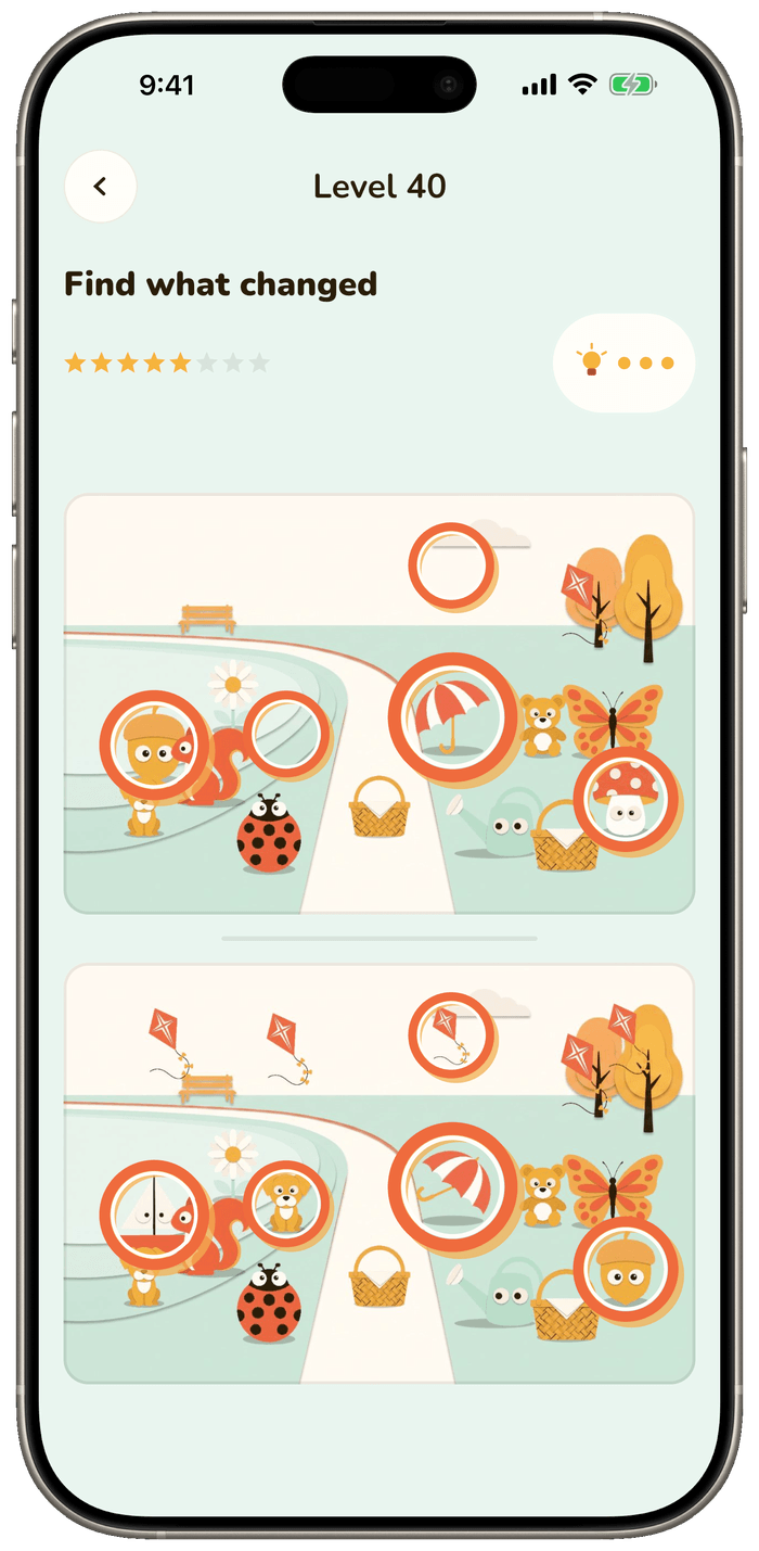 Two illustrated farm scenes side by side, with four of the six differences already circled.