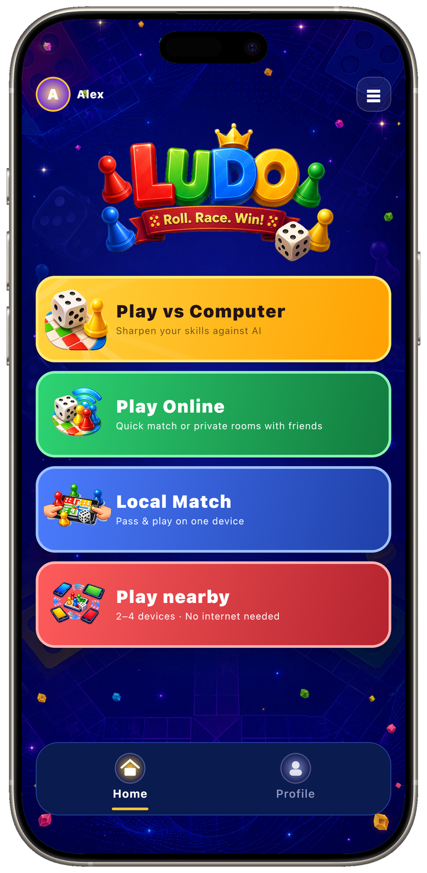 Ludo Online home screen with colorful game-mode cards