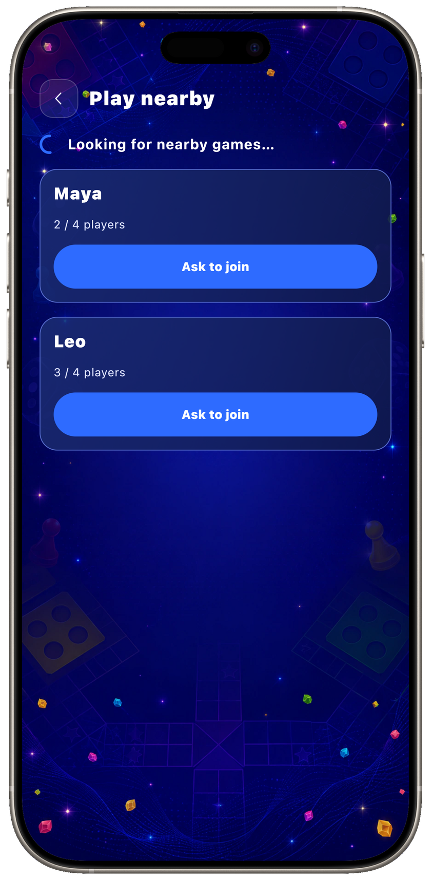 Play Nearby discovery screen listing Bluetooth games available to join