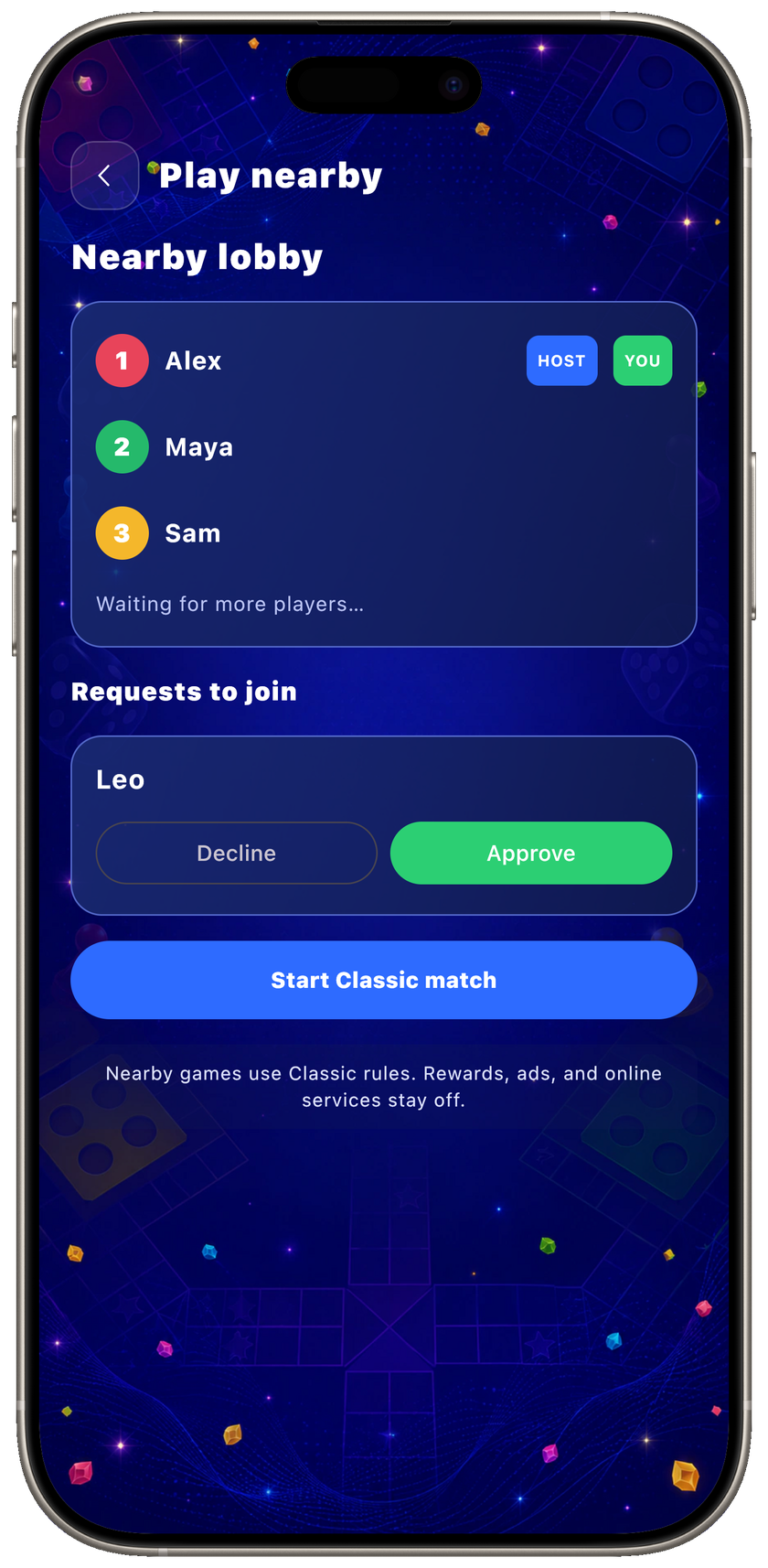 Play Nearby lobby with players, join approval, and start-match controls