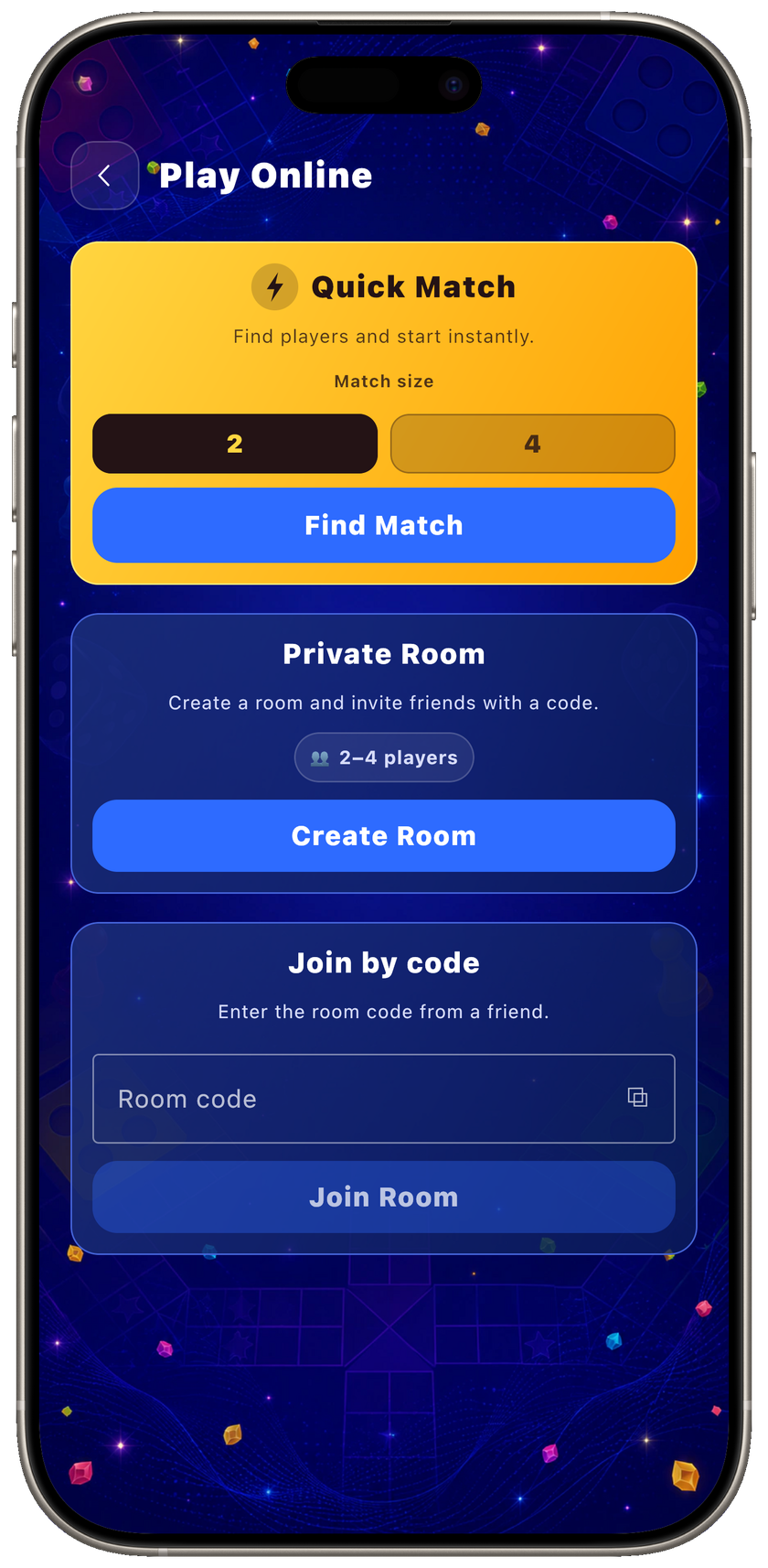 Play Online screen with Quick Match and private room options