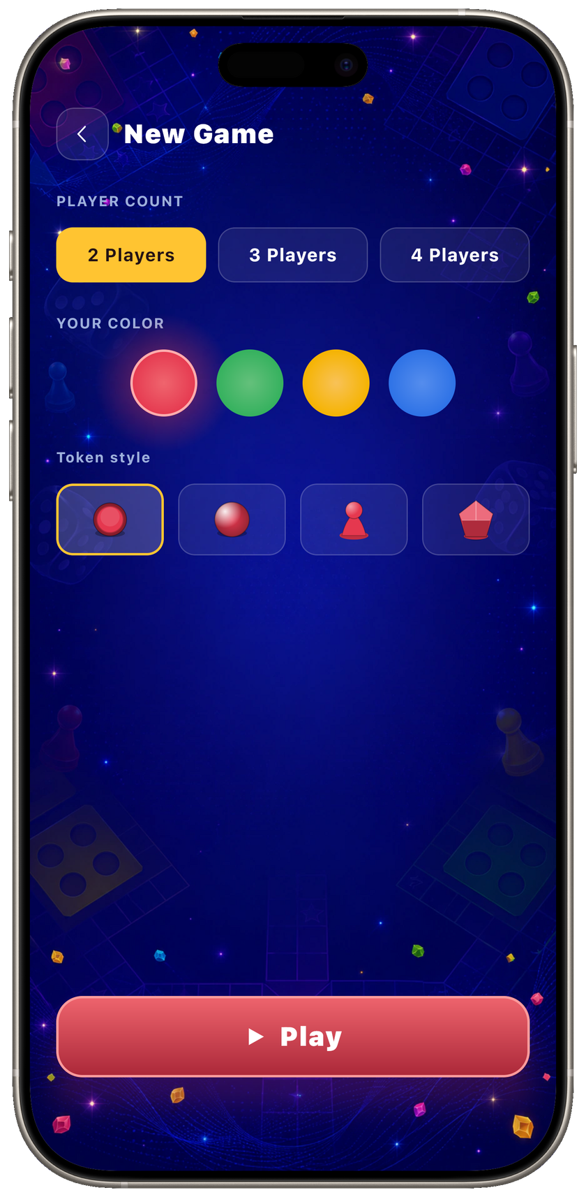 New Ludo game setup with player count, color, and token style controls