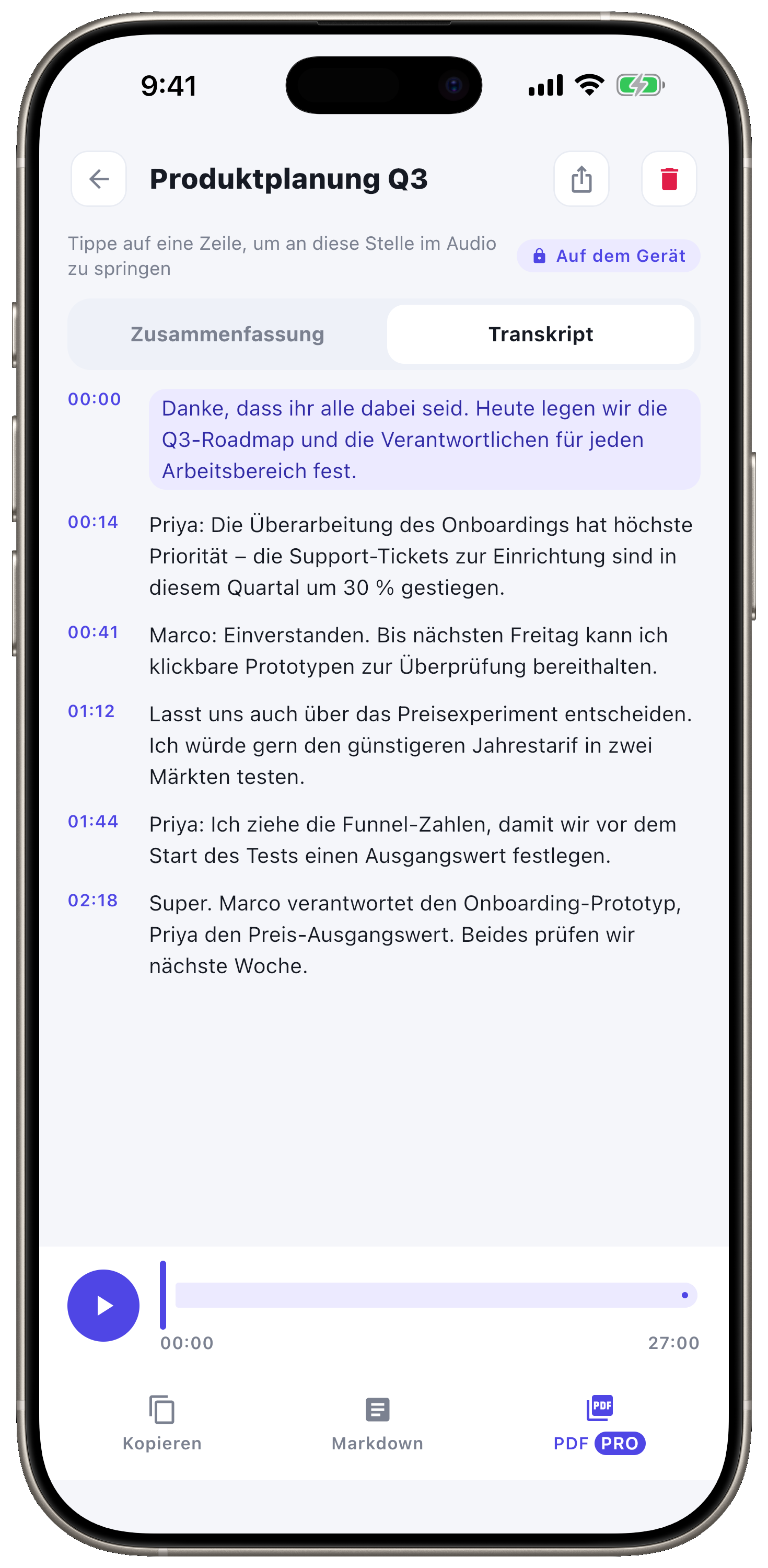 Ein vollständiges Transkript mit Zeitstempeln.