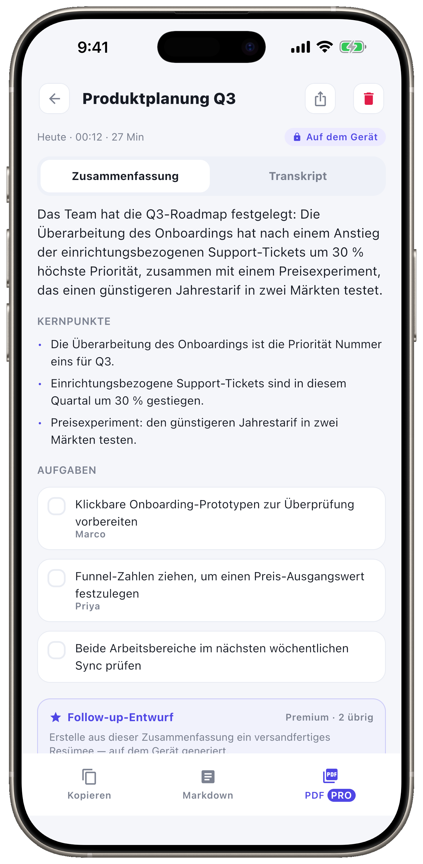 KI-Zusammenfassung, Kernpunkte, To-dos.