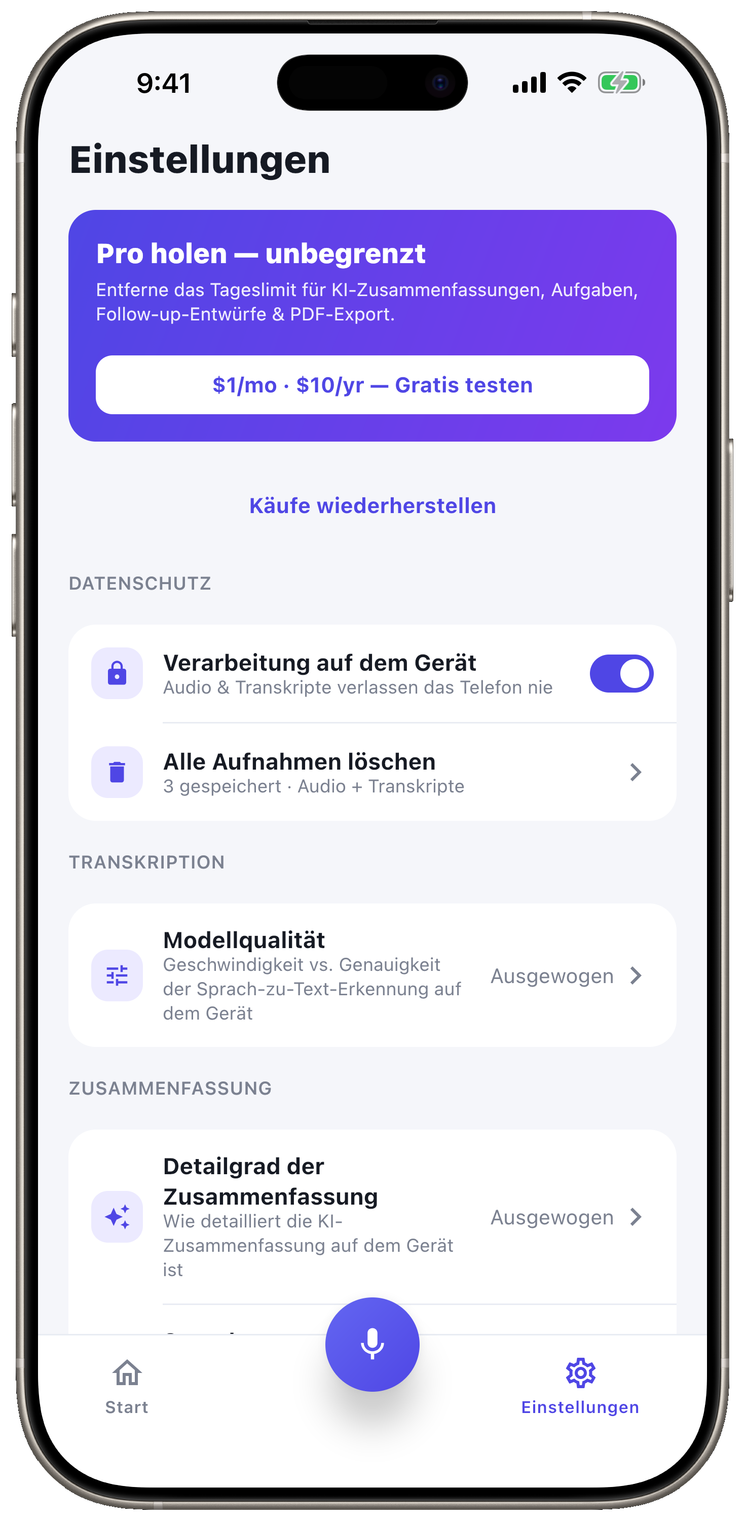 10 Sprachen, 100% auf dem Gerät.