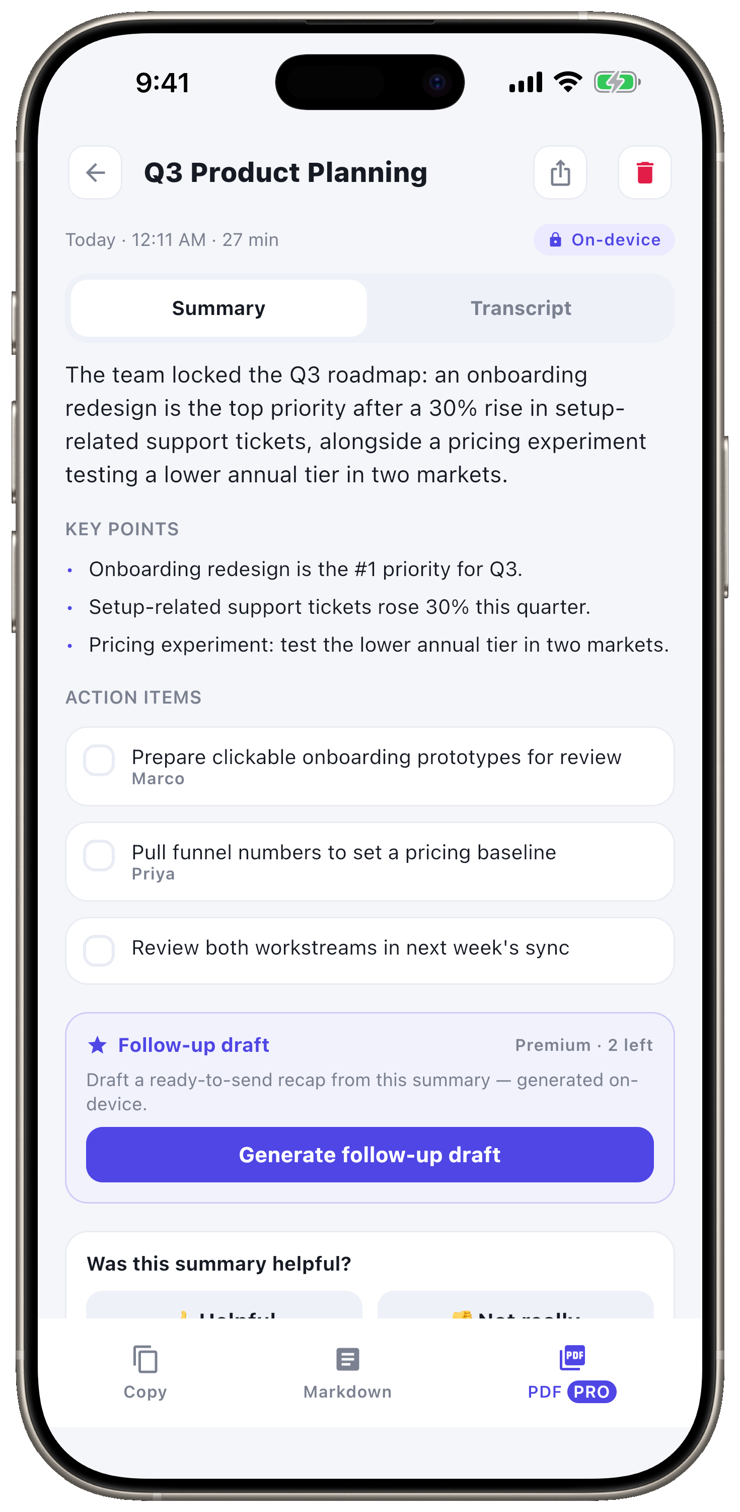 AI summary, key points, action items.